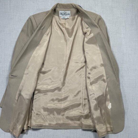 Vintage Oleg Cassini Skirt Suit Set Beige Navy Trim Pencil Straight Size 16 - Picture 4 of 16